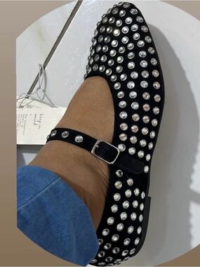 Studded Black Mary Jane Flats with Silver Accents